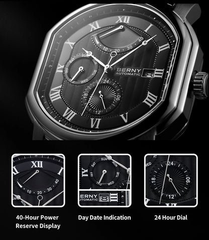 BERNY Men's Mechanical Watch, Top Accuracy, Automatic Wristwatch, Luxury Male Clock, Sapphire, Self-Winding, Waterproof