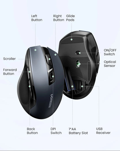 UGREEN Wireless Ergonomic Mouse 4000 DPI Silent 2.4GHz 6-Button Mouse for Laptop, MacBook, PC & Tablet