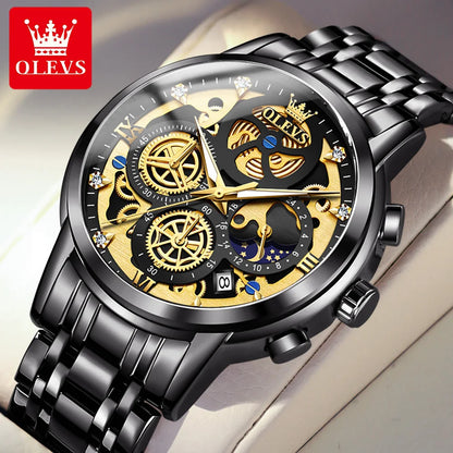 OLEVS herenhorloge – Luxe model, waterdicht, quartz, skeletstijl, 24-uursweergave (dag/nacht), goudkleurig