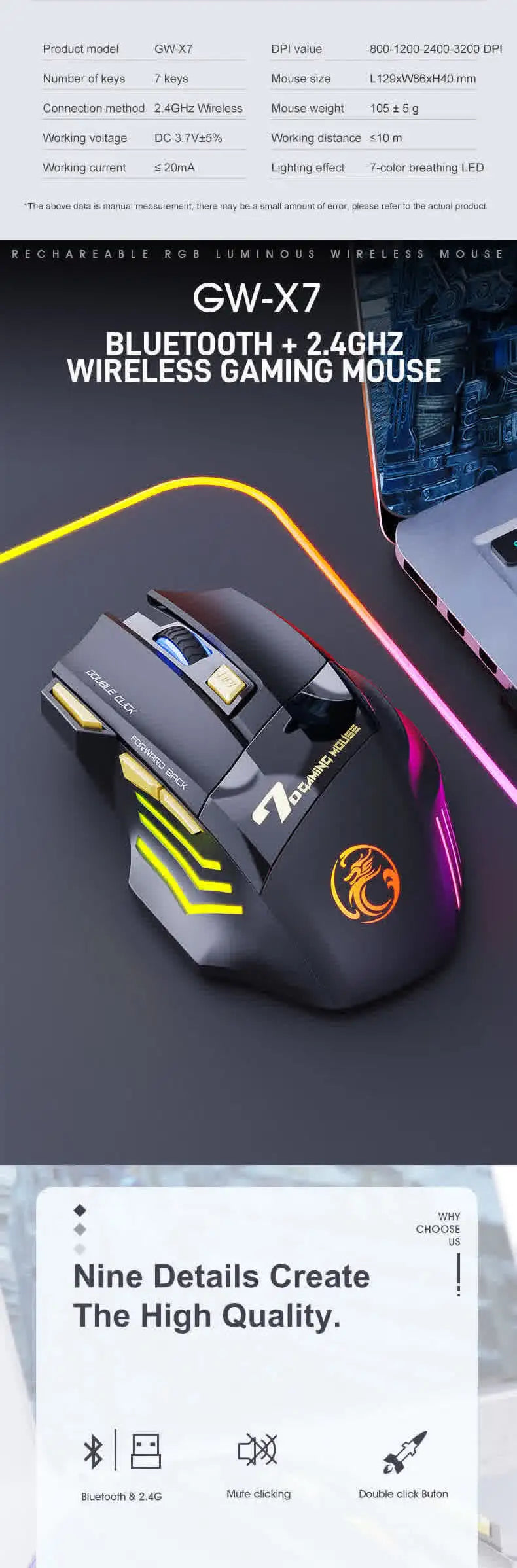 Vezeték nélküli Bluetooth egér, újratölthető számítógépes gamer egér, ergonomikus RGB háttérvilágítású, csendes egér PC-hez