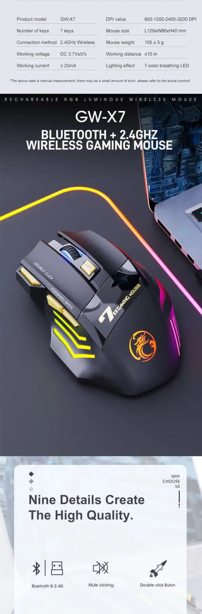 Vezeték nélküli Bluetooth egér, újratölthető számítógépes gamer egér, ergonomikus RGB háttérvilágítású, csendes egér PC-hez
