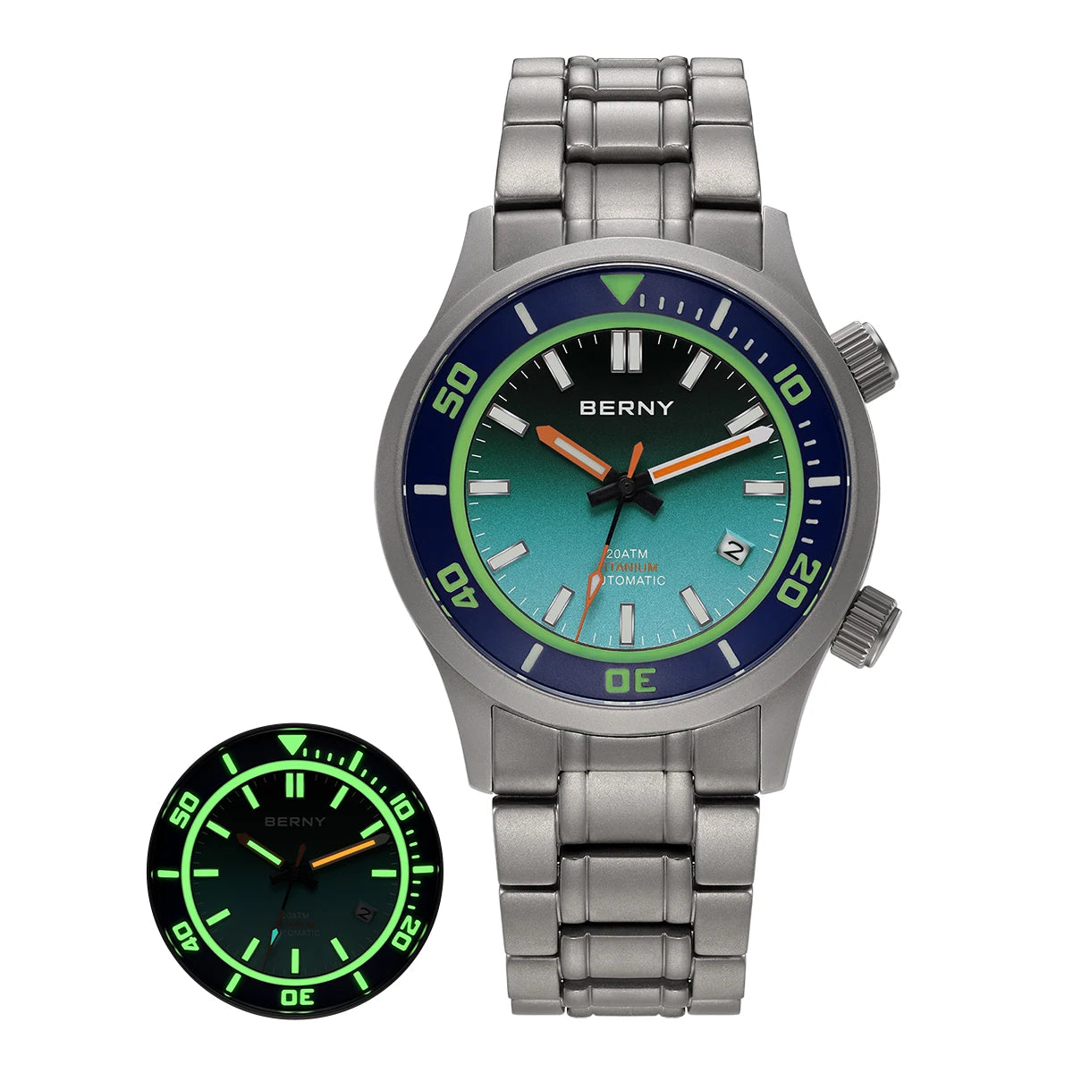 BERNY Automatic Full Titanium Diver Watch For Men Supper Luminous Sappire AR Coated Miyota 8215 Dual Crown Mechanical Dive Watch