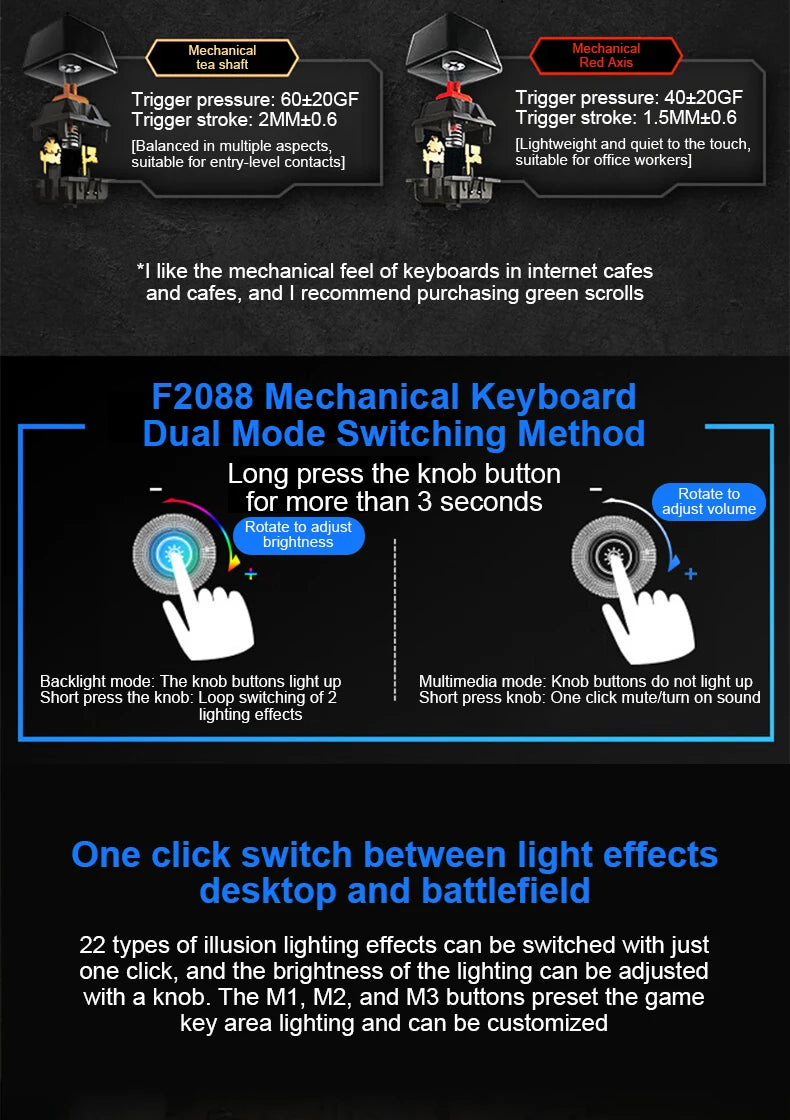 AULA F2088 Mechanical Keyboard Wired Gaming Keyboard Multi-Function Knob 104 Keys Magic Backlit Keyboard Macro Programming Compu