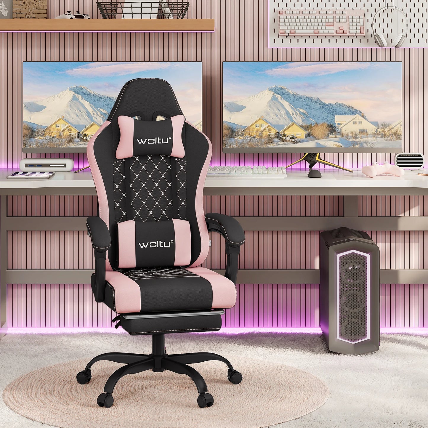 WOLTU snurrbar datorstol med massagefunktion, ergonomisk kontorsstol med kudde och fotstöd, höjdjusterbar gamingstol