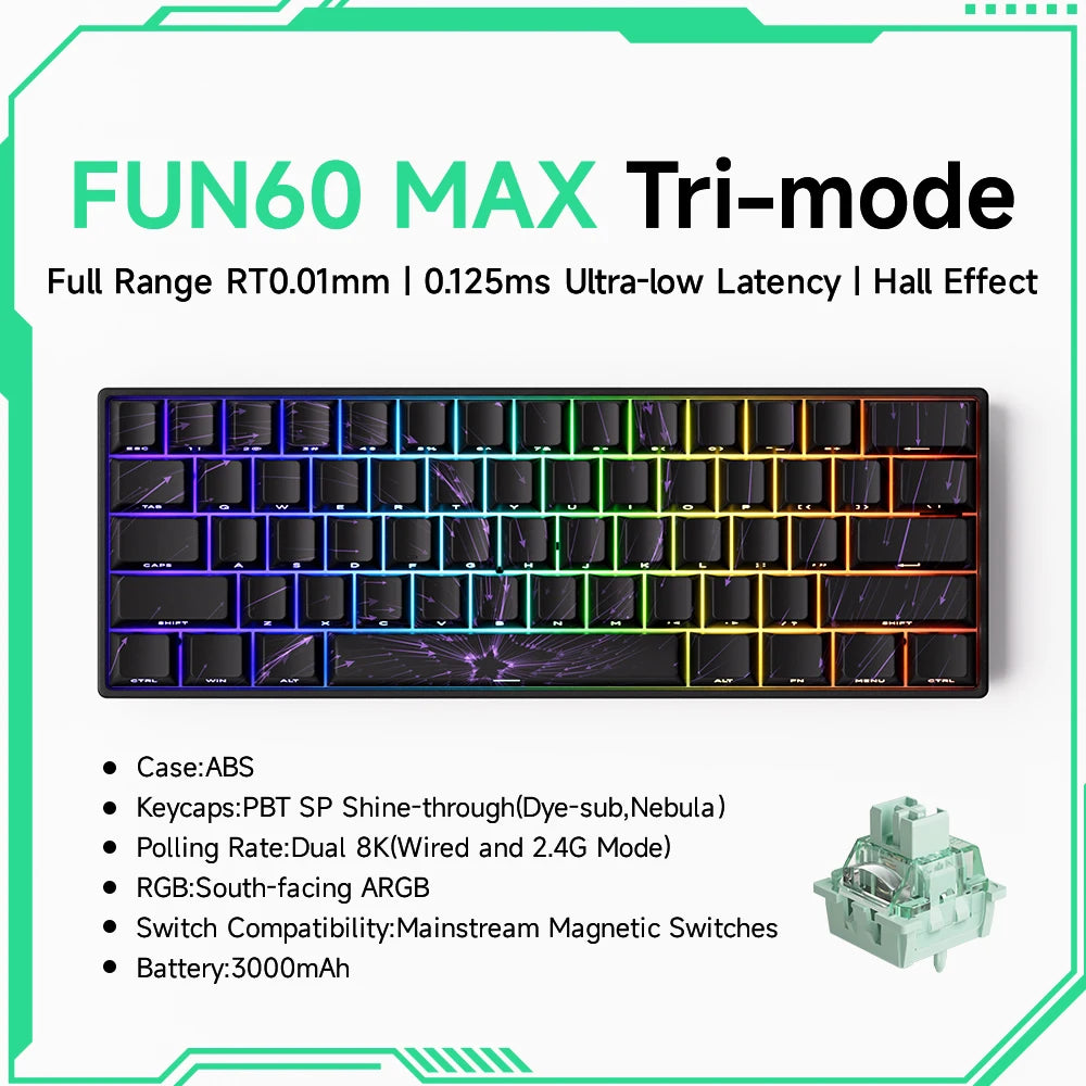 MONSGEEK FUN60 Pro & Max HE Magnetic Gaming Keyboard, 60% Wireless Mechanical Keyboard with 0.01mm Rapid Trigger, 8K Polling Rate, ARGB and Tri-Mode Connectivity