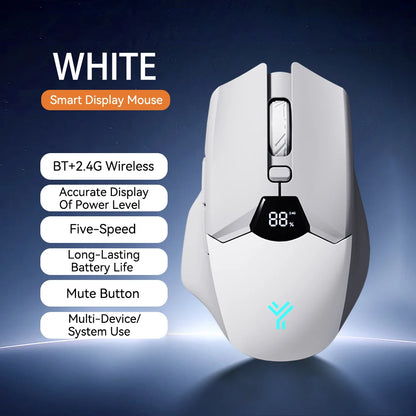 Rato Bluetooth Sem Fios com Indicador Digital de Bateria, Rato Ergonómico Silencioso para PC, Portátil e Gaming, 2.4G/Bluetooth 5.0