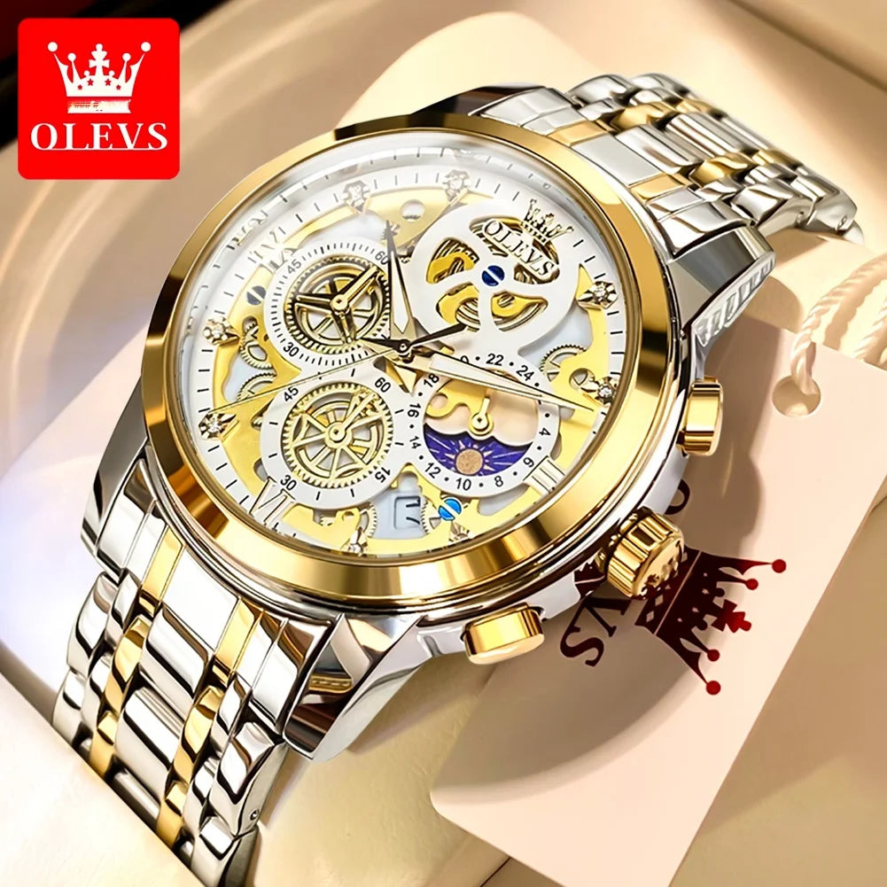 OLEVS herenhorloge – Luxe model, waterdicht, quartz, skeletstijl, 24-uursweergave (dag/nacht), goudkleurig