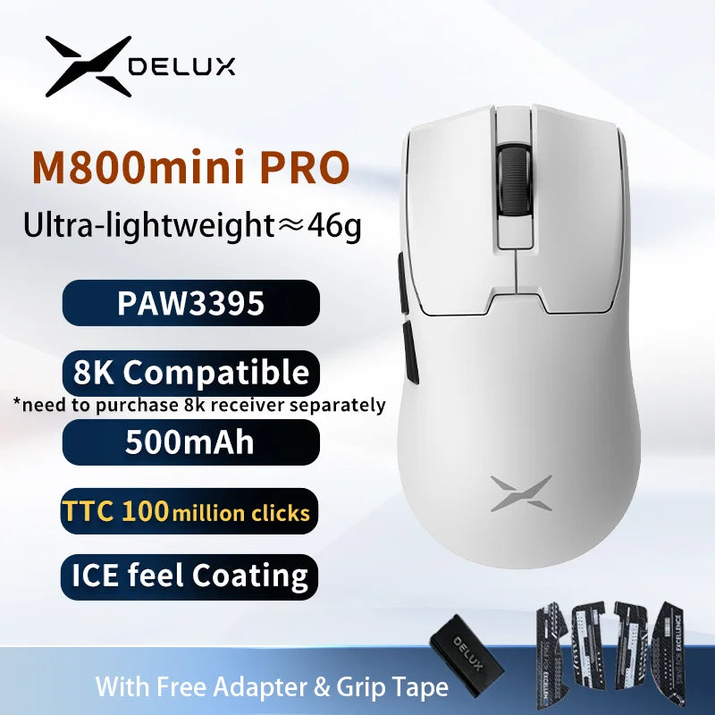 Bezdrôtová herná myš Delux M800mini, ľahká 46g, PAW3395/PAW3311, frekvencia odozvy 1KHz pre PC hráčov s malými až stredne veľkými rukami