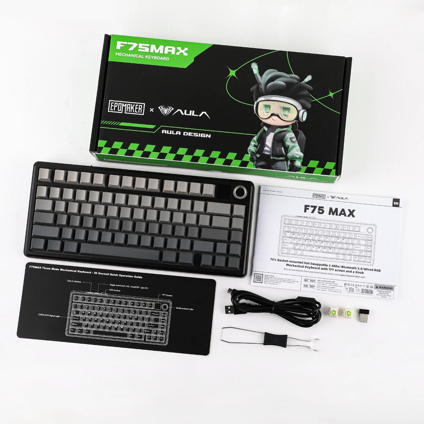 EPOMAKER X AULA F75 MAX Compact 75% Wired/BT5.0/2.4GHz Wireless Mechanical Gaming Keyboard with TFT Screen & Knob for PC/Mac