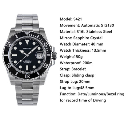 Sugess Men of Watch Automatic Mechanical ST2130 Movement Wristwatches 200M Water Resistant Sapphire Crystal Adjust Clasp S421