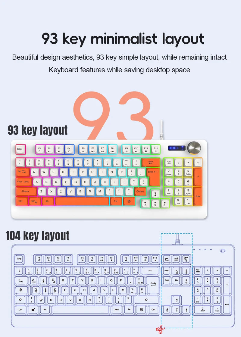 93 Keys Wired Gaming Keyboard with RGB Backlight Multi-Function Knob Color Matching Mechanical Feel Keyboard for PC Laptop Gamer