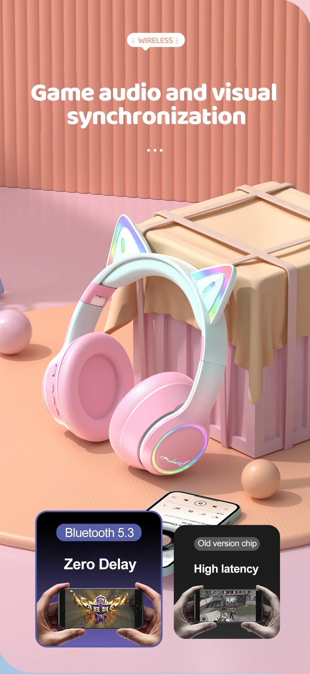 RGB Cat Ear Bluetooth Headphones Wireless Kids Headset with Microphone, Gradient LED Light Gaming Headphones, Stereo Music Bluetooth 5.3 Earphones for Girls