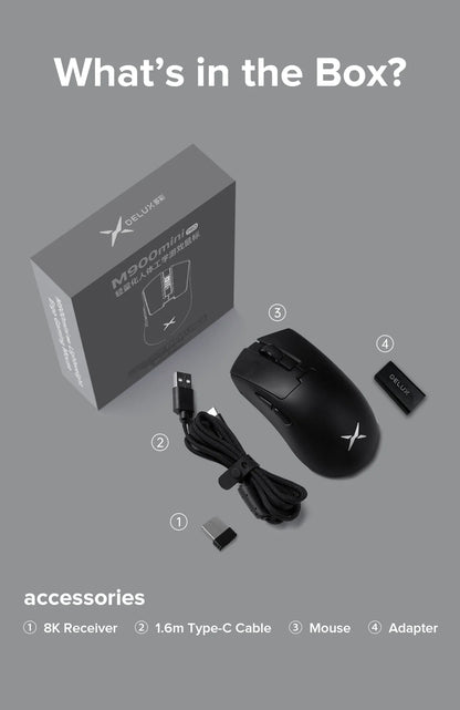 Delux M900mini PRO Wireless Gaming Mouse Ergonomic Ultra-Lightweight 40g PAW3395 8K Hz for Medium to Small Hands PC Laptop Gamer