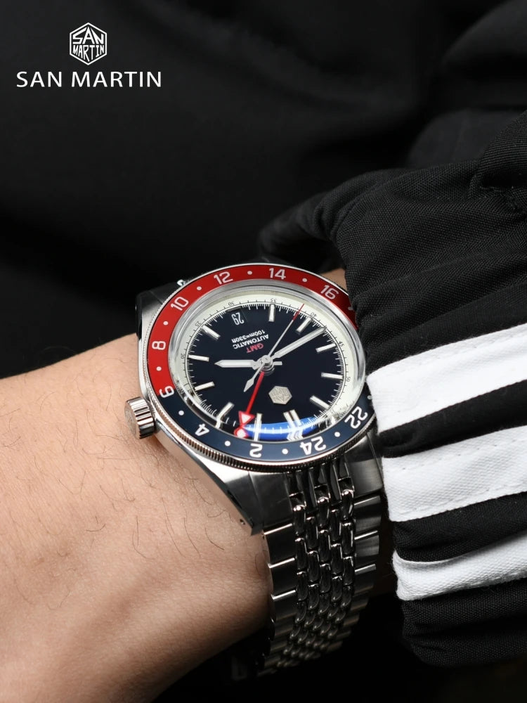 Relógio Automático Masculino San Martin 39.5mm Edição Limitada com Mostrador Full Lume NH34 GMT 6H Data 10Bar Luxo Kol Saati SN0116W