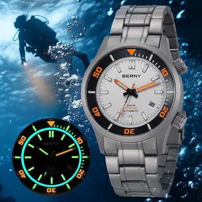 BERNY Automatic Full Titanium Diver Watch For Men Supper Luminous Sappire AR Coated Miyota 8215 Dual Crown Mechanical Dive Watch