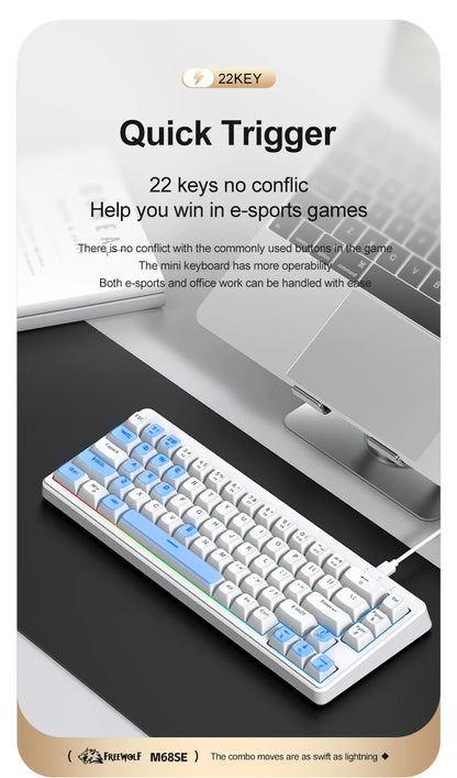 FREEWOLF M68SE Mechanical Feel Keyboard 68 Keys Mini Wired Compact Keyboard Silent for Laptops,Gaming and Office Use