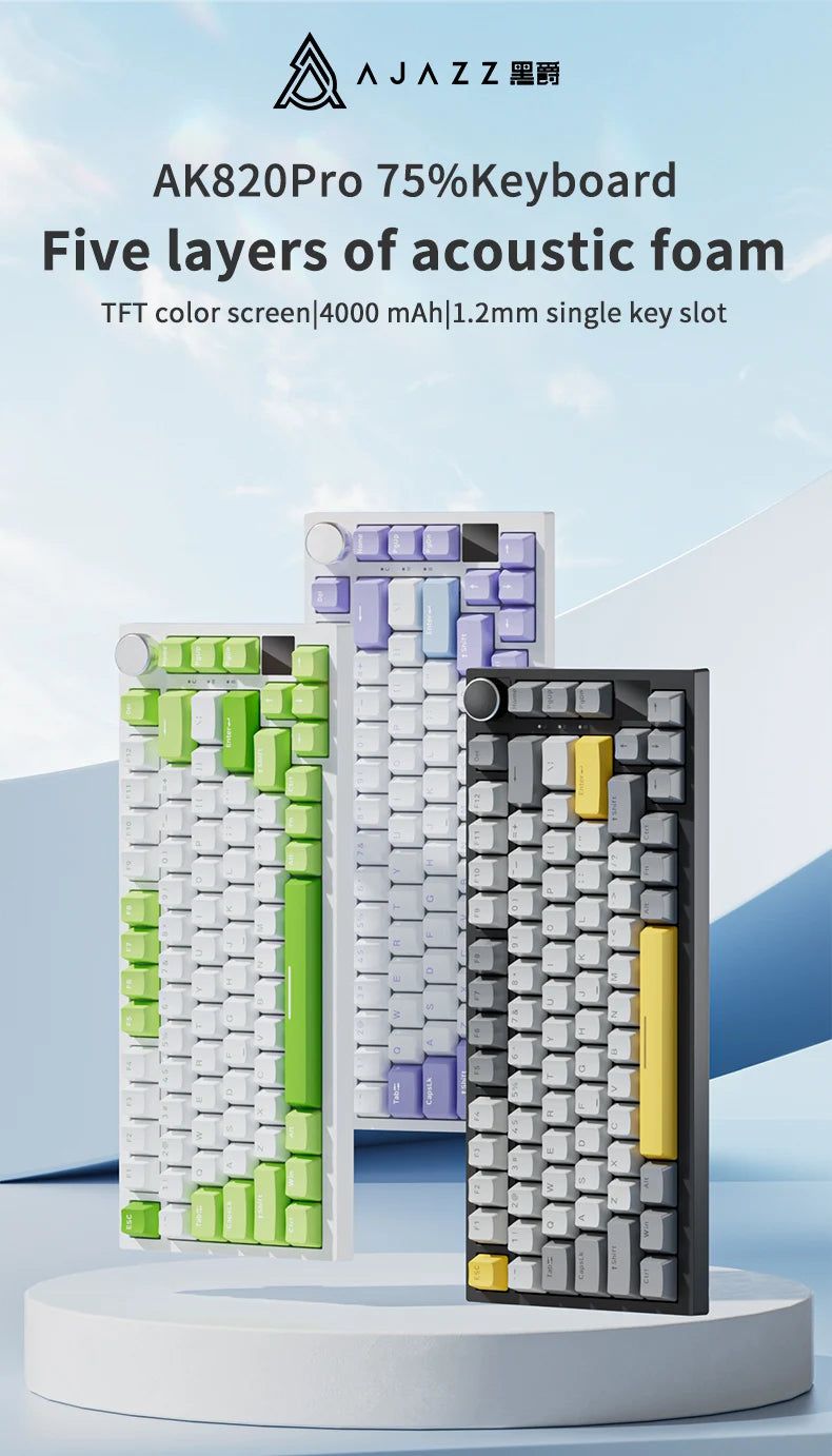 AJAZZ AK820 Mechanical Keyboard 70% Compact Layout/RGB Lighting/Hot-swappable Switches, with Wired, Wireless, and Bluetooth