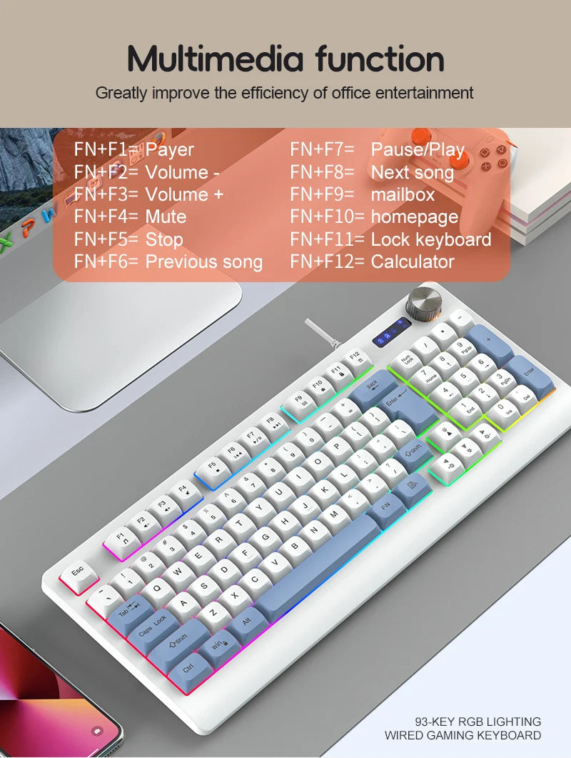 93 Keys Wired Gaming Keyboard with RGB Backlight Multi-Function Knob Color Matching Mechanical Feel Keyboard for PC Laptop Gamer