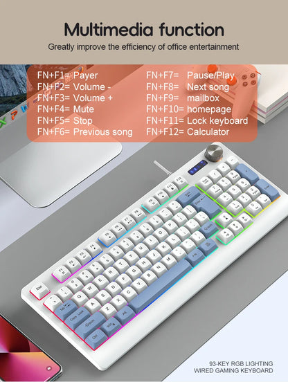 93 Keys Wired Gaming Keyboard with RGB Backlight Multi-Function Knob Color Matching Mechanical Feel Keyboard for PC Laptop Gamer