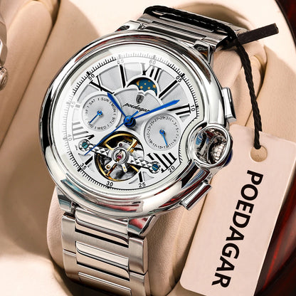 POEDAGAR Herrenuhr im luxuriösen und professionellen Stil, mit Datums- und Wochentagsanzeige, Tourbillon, Edelstahlgehäuse, mechanischem Automatikwerk und Wasserdichtigkeit.
