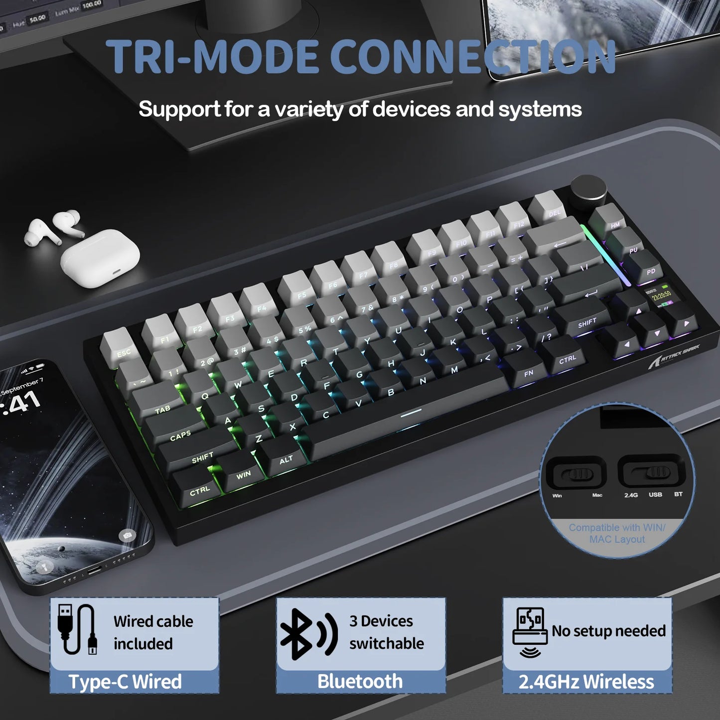 ATTACK SHARK X820 Ultra Wireless Mechanical Keyboard with TFT Smart Display & Knob, 75% Hot Swappable, BT/2.4G/Wired, Gift Switch
