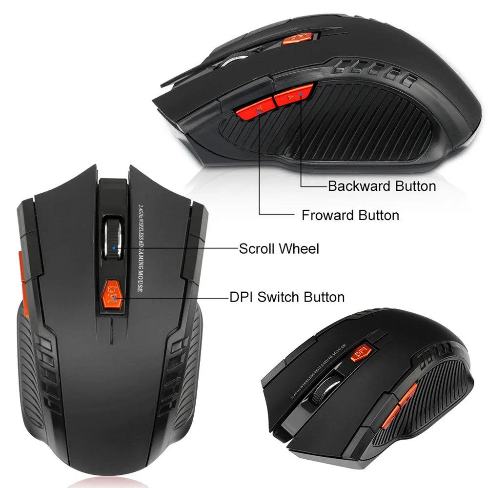 2.4GHz trådløs optisk gamingmus med USB-modtager, 2000DPI, 6 knapper, til computer og laptop tilbehør