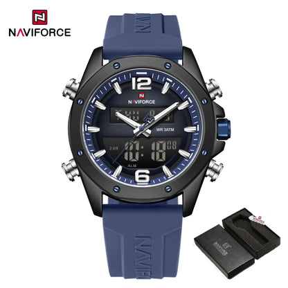 NAVIFORCE Men Quartz LCD Dual Display Watch With Silicone Strap 3ATM Waterproof Shockproof Night Light Round Case Sport Casual