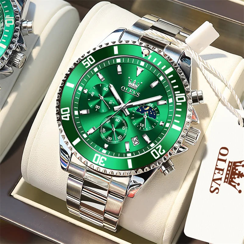 OLEVS men’s watch, luxury brand, gold-coloured military-style quartz watch, water-resistant, luminous date display, stainless steel case.