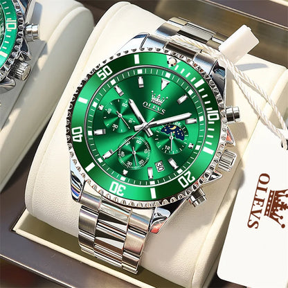 OLEVS men’s watch, luxury brand, gold-coloured military-style quartz watch, water-resistant, luminous date display, stainless steel case.