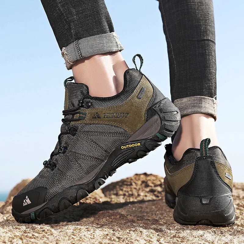 HIKEUP miesten neljän vuodenajan vaelluskengät – ulkoiluun ja urheiluun, aitoa nahkaa, kulutusta kestävät kiipeilykengät, kumipohjaiset trekking-sneakerit