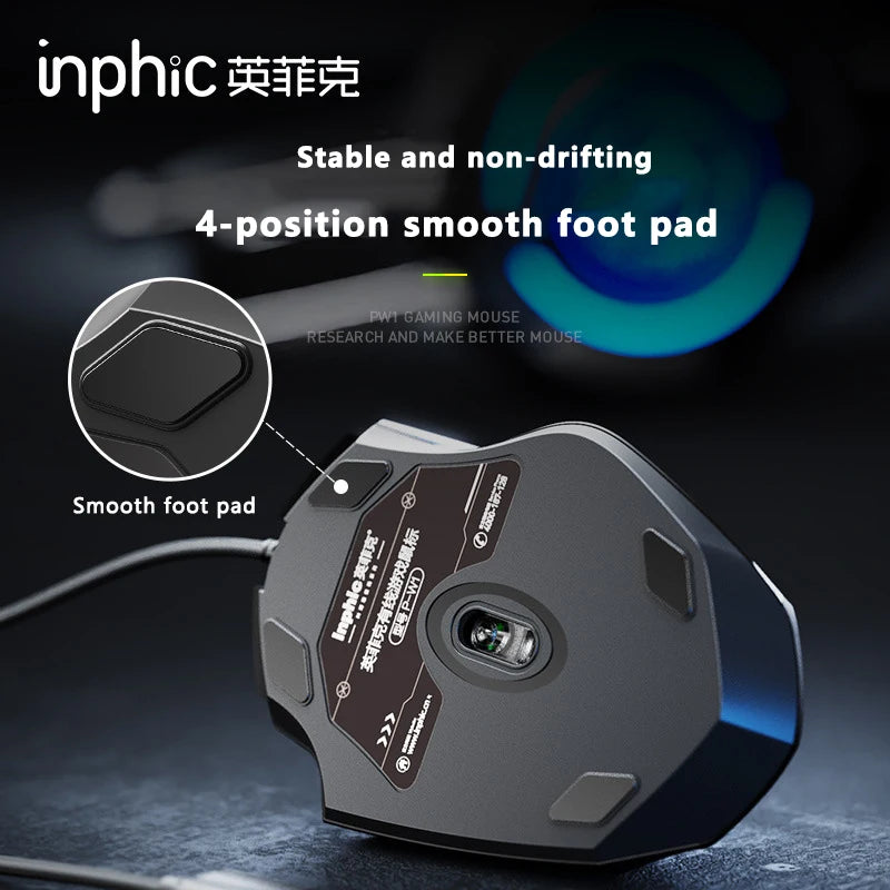Káblová myš Inphic W1 Esports Gaming Mouse s programovateľnými makrami, nastaviteľným DPI a tichým chodom do kancelárie