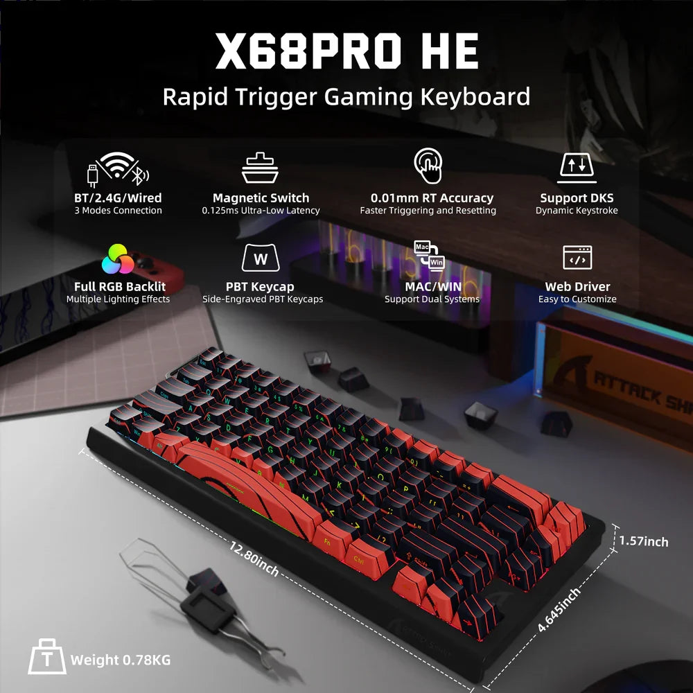 ATTACK SHARK X68PRO HE Wireless Rapid Trigger Gaming Keyboard with Adjustable Actuation, Hot-Swap, RGB Backlit, BT/2.4GHz/Wired