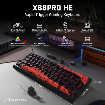 ATTACK SHARK X68PRO HE Wireless Rapid Trigger Gaming Keyboard with Adjustable Actuation, Hot-Swap, RGB Backlit, BT/2.4GHz/Wired