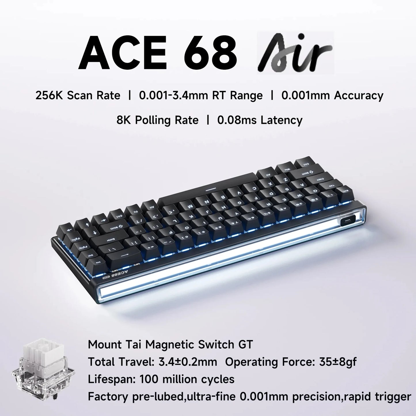 Mchose Ace68 Air Gaming Keyboard Hall Effect 0.001mm Rapid Trigger 8K+256K Polling Rate Dynamic RGB Light Box Magnetic