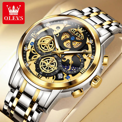 OLEVS herenhorloge – Luxe model, waterdicht, quartz, skeletstijl, 24-uursweergave (dag/nacht), goudkleurig