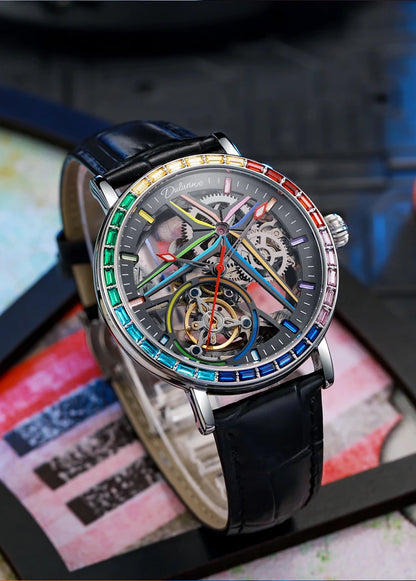 Pánské skeletové hodinky v módním stylu, zdobené drahokamy v barvách duhy, vybavené tourbillonem; luxusní mechanické hodinky s automatickým nátahem, vodotěsné do hloubky 30 metrů.