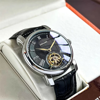Pánské mechanické hodinky s automatickým nátahem – elegantní prolamovaný design, moderní styl „business casual“, pouzdro ze slitiny a kožený řemínek, bez baterie