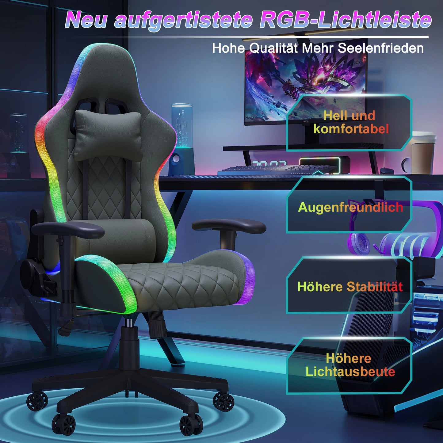 Fangange Ergonomic Gaming Chair with Massage Function, LED Light, Adjustable Reclining Computer Chair with Lumbar Support Pillow, 150KG