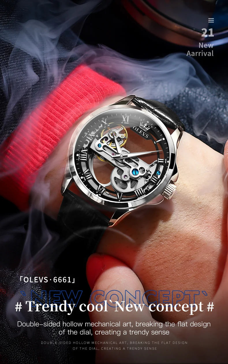 OLEVS 6661 Automatic Watch For Men Skeleton Original Mechanical Movement Men's Wristwatch Waterproof Luminous Sport Men's Watches