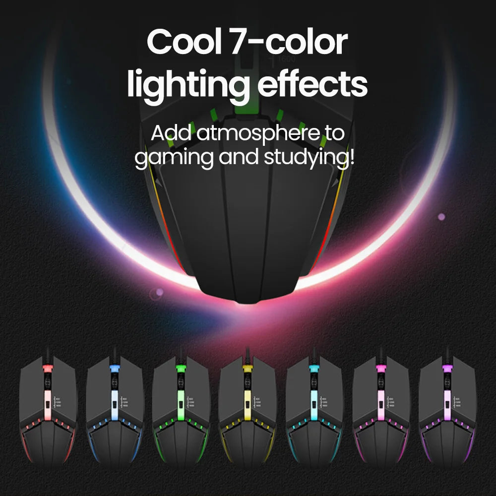 Ratón gaming USB con cable RGB retroiluminado, botón de silencio, LED luminoso y 1600DPI para PC de escritorio, portátil, ordenador, hogar y oficina