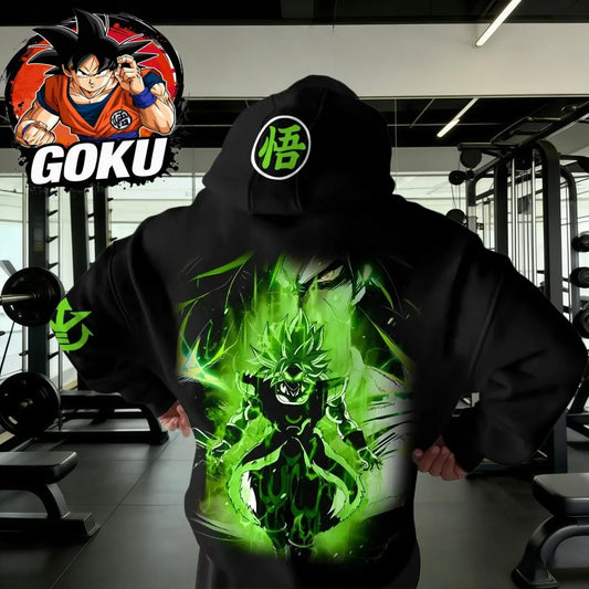 Retro fitness mikina s kapucňou Dragon Ball na jeseň/zimu 2026, 100% bavlna, zelená potlač Broly, oversized streetwear pre mužov a ženy