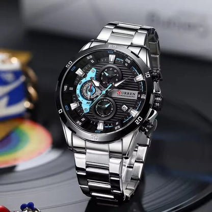 Orologio da uomo di lusso CURREN 8402, nuovo, in acciaio inossidabile, impermeabile, con cronografo e illuminazione notturna.