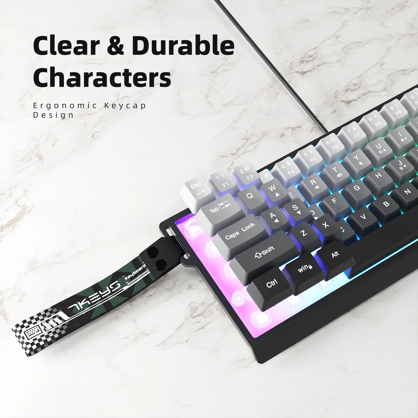 60% compact wired keyboard with RGB backlighting and gradient-colored keycaps, suitable for Windows tablets, laptops and gamers.