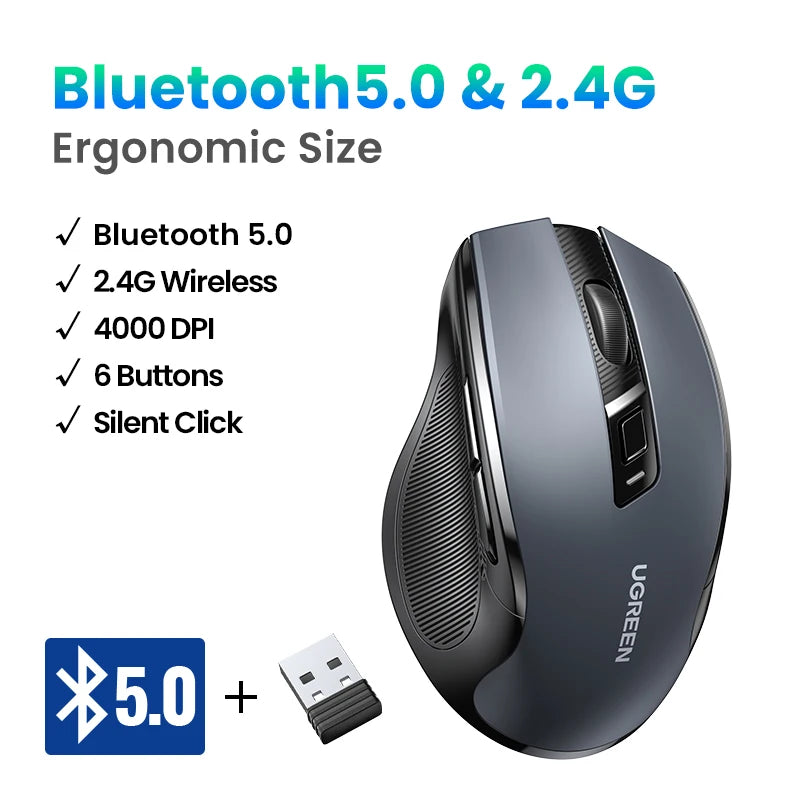 UGREEN Langaton Bluetooth 5.0 -hiiri, ergonominen 4000DPI, 6 hiljaista painiketta, MacBookille, tabletille, kannettaville tietokoneille, tietokoneelle ja PC:lle, 2.4G-hiiri