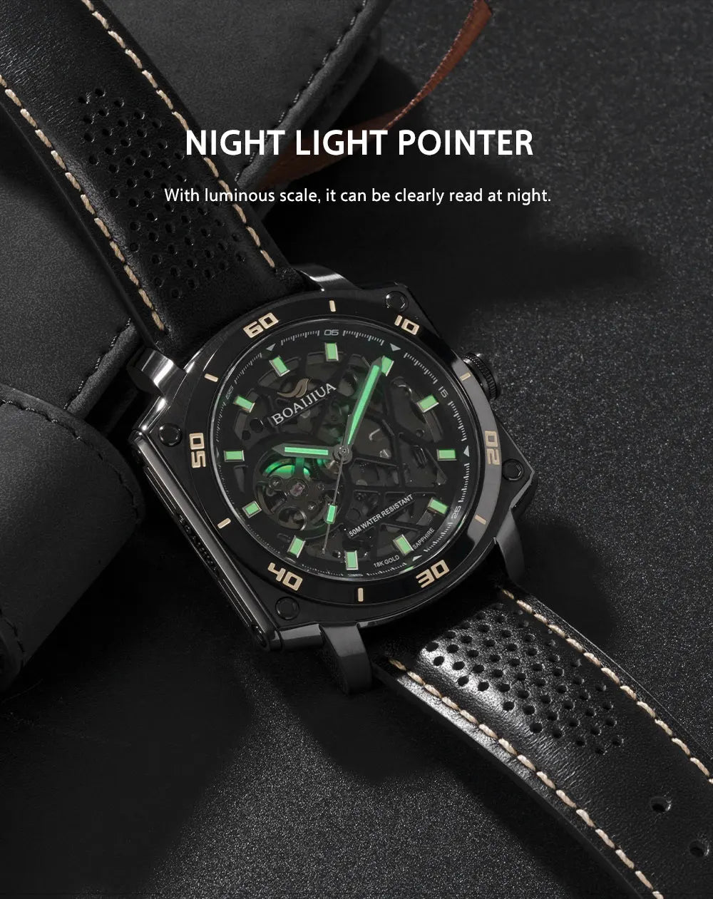BORIAGE(BOAIJIUA) Men's Fully Automatic Mechanical Watch Original Design Cut out 50m Water Resistant Luminous Wristwatch