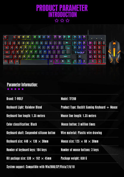 Spanish Keyboard with Spanish Layout Russian Arabic Keyboard Mouse Kit 100% Keyboard ISO Color Backlight Wired Gaming Office T20