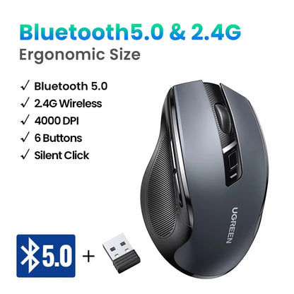 UGREEN langaton hiiri Bluetooth 5.0, ergonominen 4000DPI, 6 hiljaista painiketta, MacBookille, tableteille, kannettaville tietokoneille, tietokoneille ja PC:lle, 2.4G-hiiri