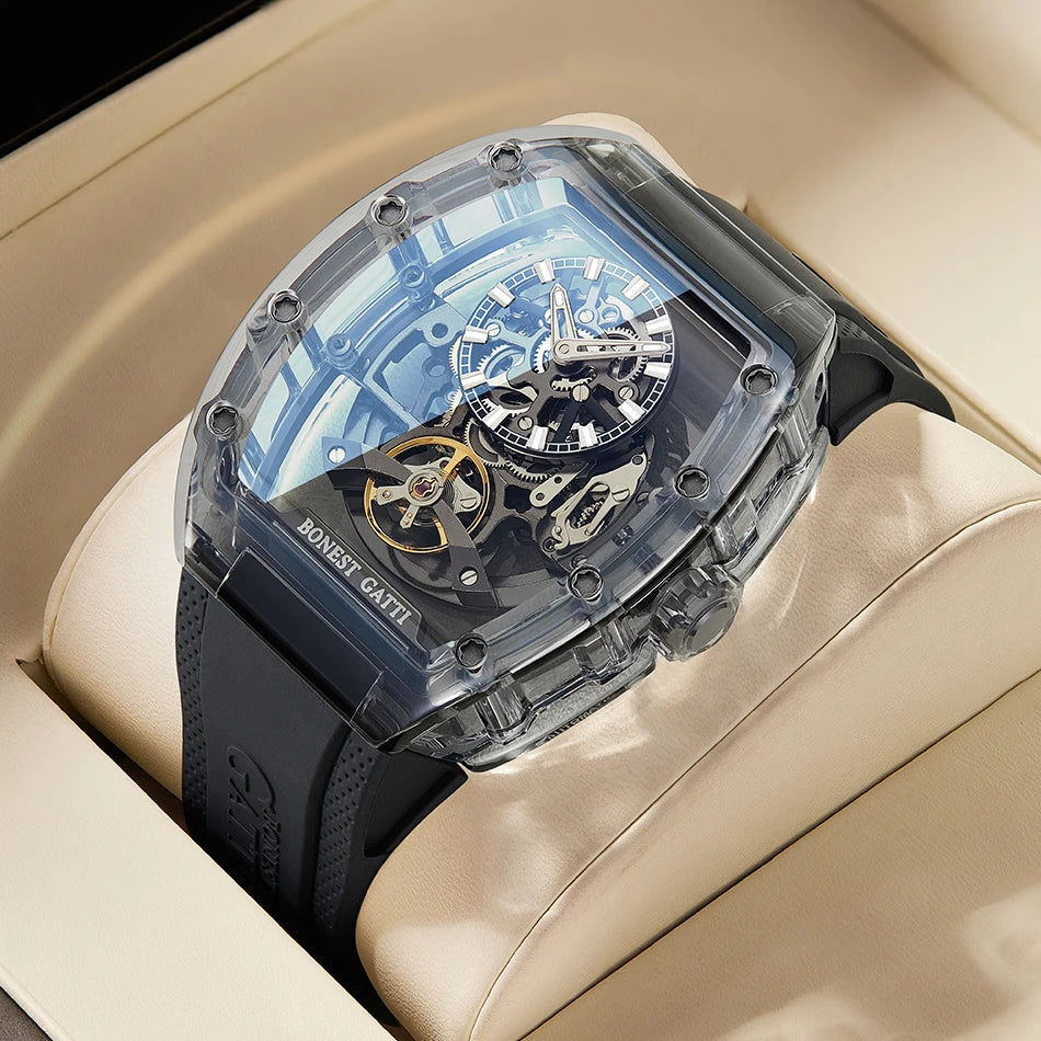 BONEST GATTI New Fully Automatic Men Watch Skeleton Mechanical Watch Rubber Black Band Luminous Barrel Shaped Men Watch