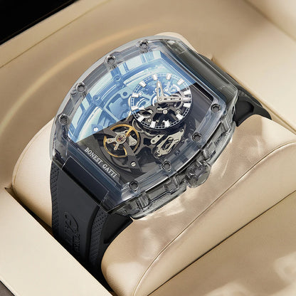 BONEST GATTI New Fully Automatic Men Watch Skeleton Mechanical Watch Rubber Black Band Luminous Barrel Shaped Men Watch