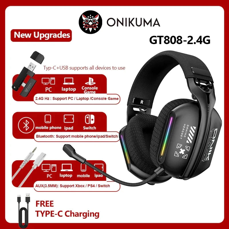ONIKUMA GT828 Wireless Gaming Headset Bluetooth 5.3 RGB Headphones with Mic, Noise Cancelling, 4-Mode Connection for PC, PS5 & Laptop